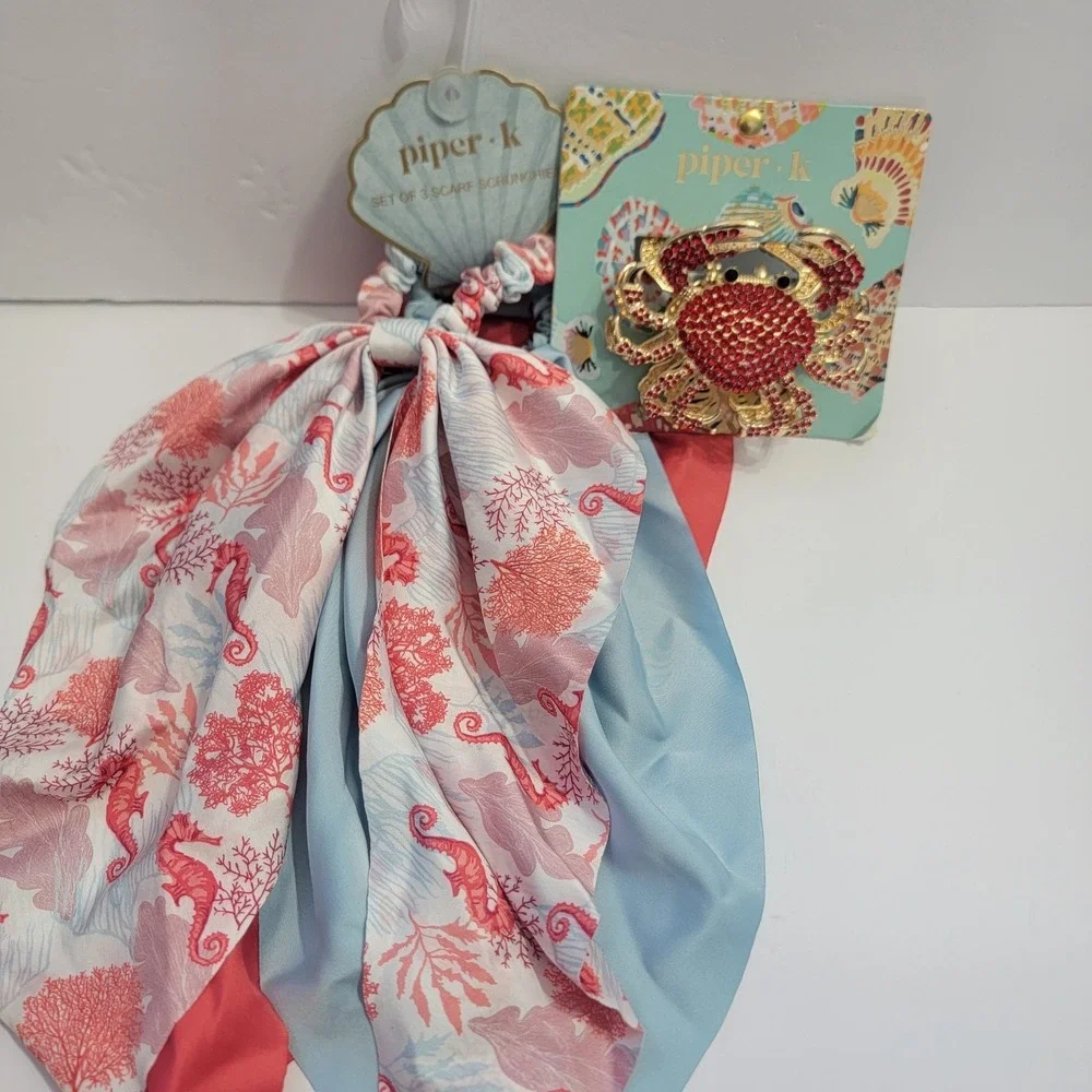 Piper K Coastal Scarf and Rhinestone CRAB Gold Hair Claw Clip Nautical SEA‎ LIFE